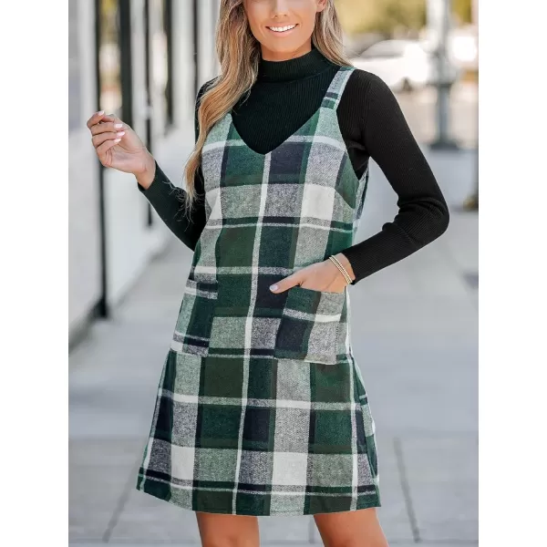 imageCUPSHE Womens Mini Dress Plaid V Neck Sleeveless Wide Straps Pinafore Casual A Line Overalls Dress with PocketsGreen Plaid