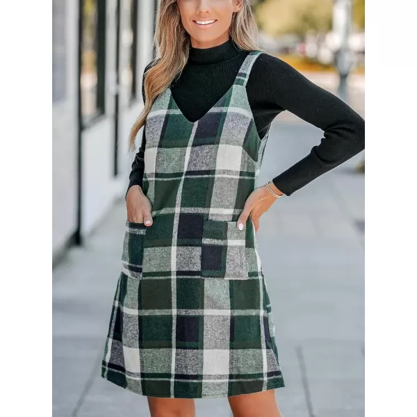 imageCUPSHE Womens Mini Dress Plaid V Neck Sleeveless Wide Straps Pinafore Casual A Line Overalls Dress with PocketsGreen Plaid