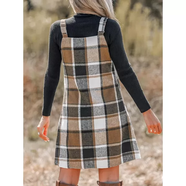 imageCUPSHE Womens Mini Dress Plaid V Neck Sleeveless Wide Straps Pinafore Casual A Line Overalls Dress with PocketsKhaki Plaid
