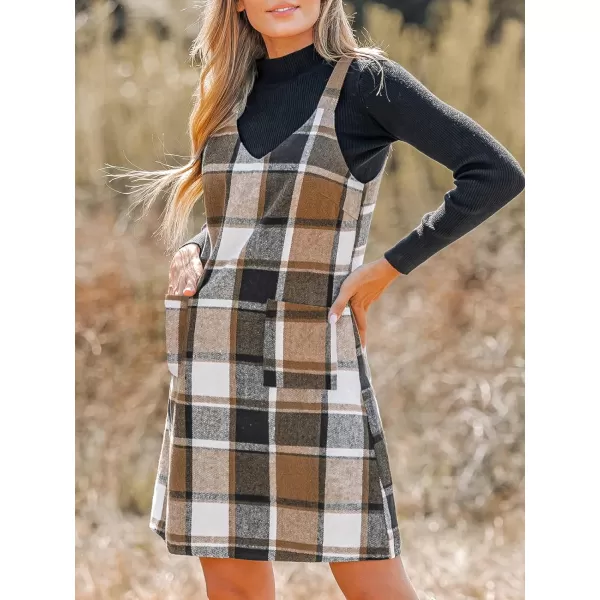 imageCUPSHE Womens Mini Dress Plaid V Neck Sleeveless Wide Straps Pinafore Casual A Line Overalls Dress with PocketsKhaki Plaid
