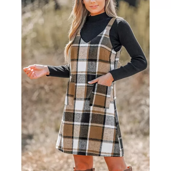 imageCUPSHE Womens Mini Dress Plaid V Neck Sleeveless Wide Straps Pinafore Casual A Line Overalls Dress with PocketsKhaki Plaid