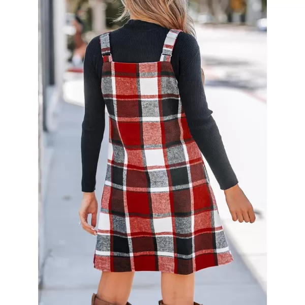 imageCUPSHE Womens Mini Dress Plaid V Neck Sleeveless Wide Straps Pinafore Casual A Line Overalls Dress with PocketsRed Plaid