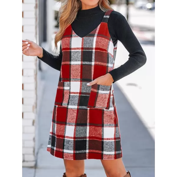 imageCUPSHE Womens Mini Dress Plaid V Neck Sleeveless Wide Straps Pinafore Casual A Line Overalls Dress with PocketsRed Plaid