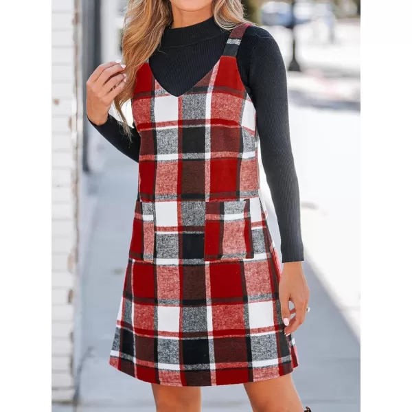 imageCUPSHE Womens Mini Dress Plaid V Neck Sleeveless Wide Straps Pinafore Casual A Line Overalls Dress with PocketsRed Plaid