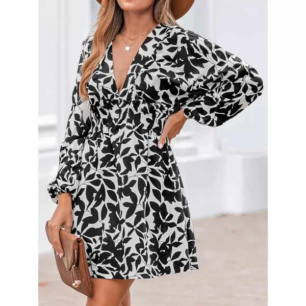 imageCUPSHE Womens Mini Dress Plunging V Neck Floral Print Smocked Waist Long Sleeve A Line Casual Woven DressesBlack