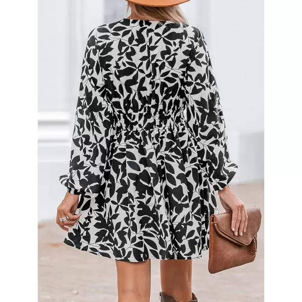 imageCUPSHE Womens Mini Dress Plunging V Neck Floral Print Smocked Waist Long Sleeve A Line Casual Woven DressesBlack