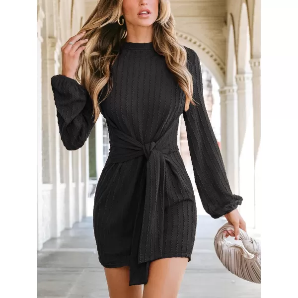 imageCUPSHE Womens Mini Dress Round Neck Knotted Sash Long Sleeve Bodycon Short DressesBlack