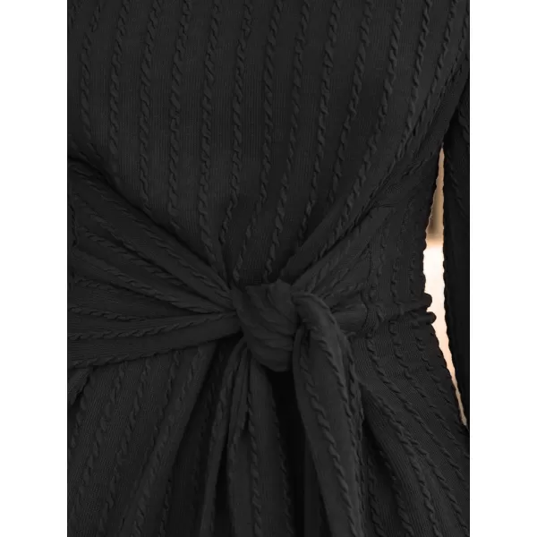imageCUPSHE Womens Mini Dress Round Neck Knotted Sash Long Sleeve Bodycon Short DressesBlack