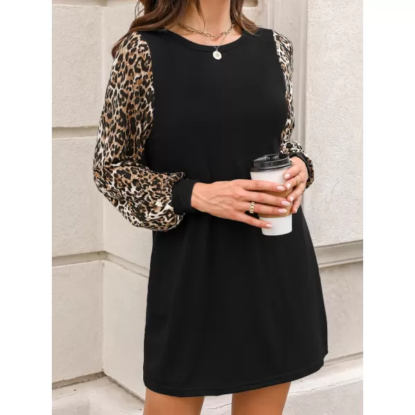 imageCUPSHE Womens Mini Dress Round Neck Leopard Print Long Sleeve Loose A Line Short Casual Sweater Dresses with PocketsBlack