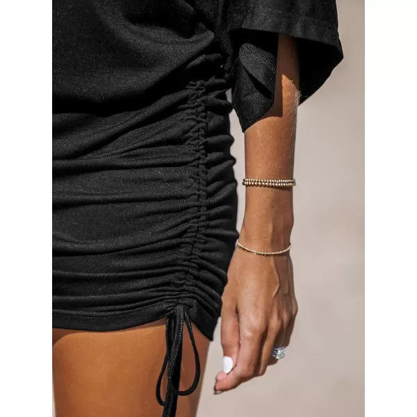 imageCUPSHE Womens Mini Dress Round Neck Long Dolman Sleeve Side Drawstring Ruched Bodycon Jersey Short Casual Summer DressBlack