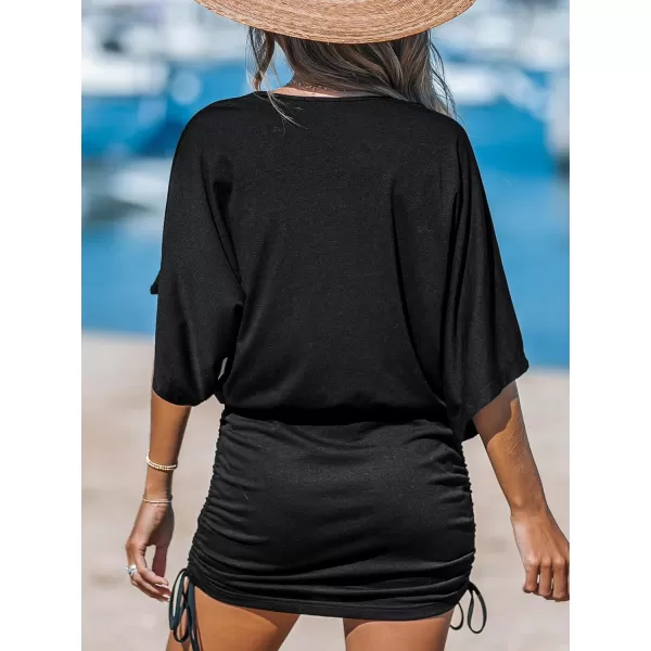 imageCUPSHE Womens Mini Dress Round Neck Long Dolman Sleeve Side Drawstring Ruched Bodycon Jersey Short Casual Summer DressBlack