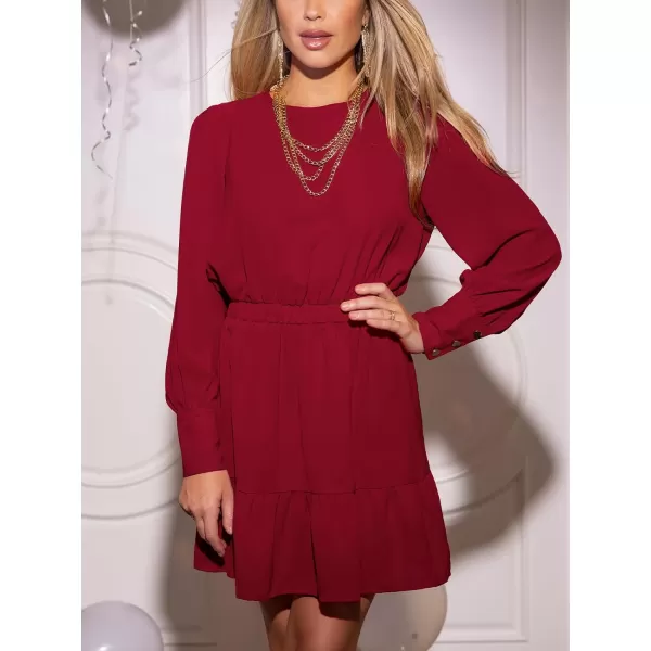 imageCUPSHE Womens Mini Dress Round Neck Long Sleeve Button Flounce Elastic Waist Starlight Party A Line Cocktail DressBurgundy