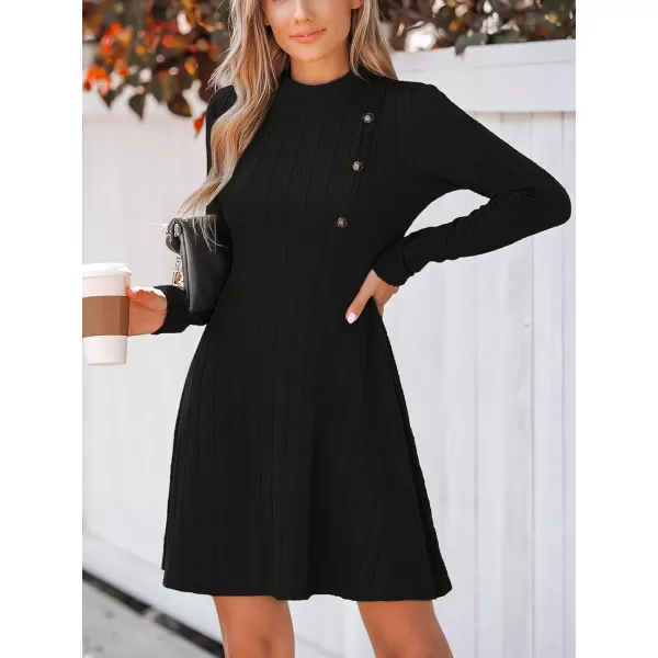 imageCUPSHE Womens Mini Dress Round Neck Long Sleeve Textured Button Design Knitted A Line Short Casual DressesBlack