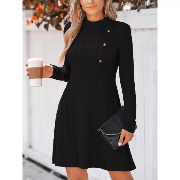 imageCUPSHE Womens Mini Dress Round Neck Long Sleeve Textured Button Design Knitted A Line Short Casual DressesBlack