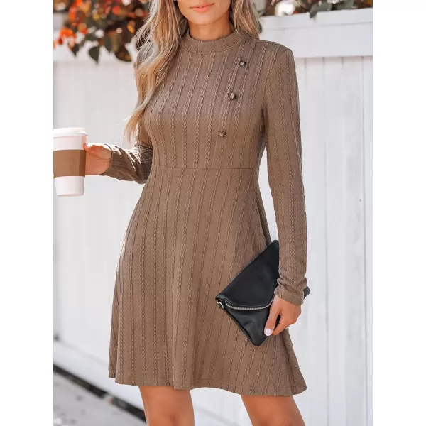 imageCUPSHE Womens Mini Dress Round Neck Long Sleeve Textured Button Design Knitted A Line Short Casual DressesCamel