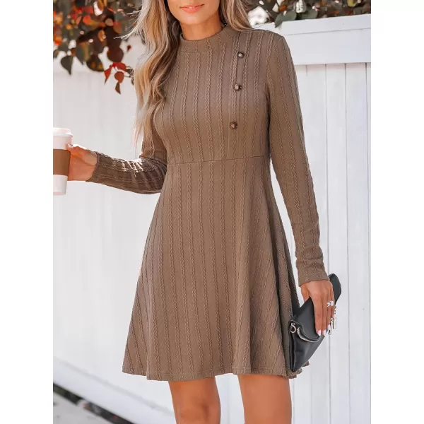 imageCUPSHE Womens Mini Dress Round Neck Long Sleeve Textured Button Design Knitted A Line Short Casual DressesCamel