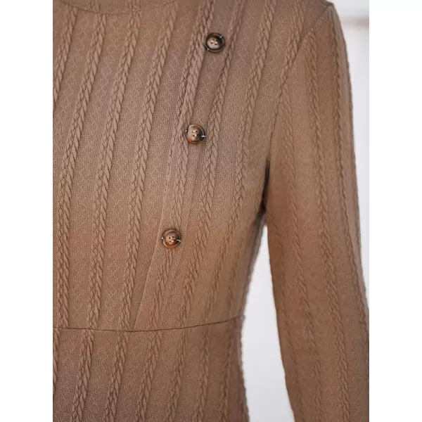 imageCUPSHE Womens Mini Dress Round Neck Long Sleeve Textured Button Design Knitted A Line Short Casual DressesCamel