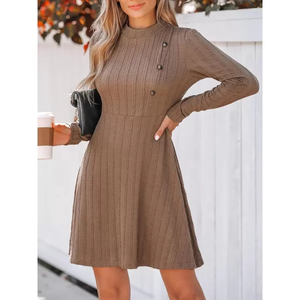 imageCUPSHE Womens Mini Dress Round Neck Long Sleeve Textured Button Design Knitted A Line Short Casual DressesCamel