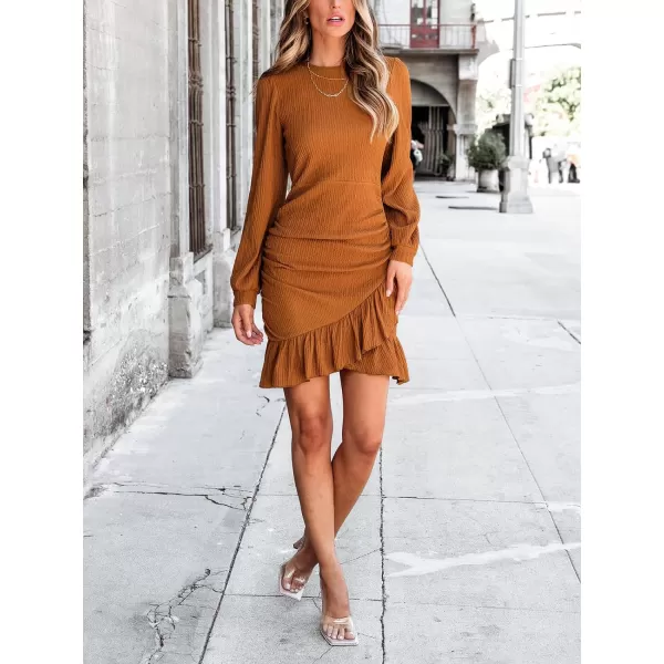 imageCUPSHE Womens Mini Dress Round Neck Ruffled Hem Ruched Long Sleeve Fitted Ribbed Knit Casual DressOrange