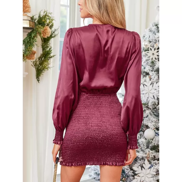 imageCUPSHE Womens Mini Dress Round V Neck Ruffled Long Sleeve Smocked Bodycon Short Casual Party Dress BurgundyBurgundy