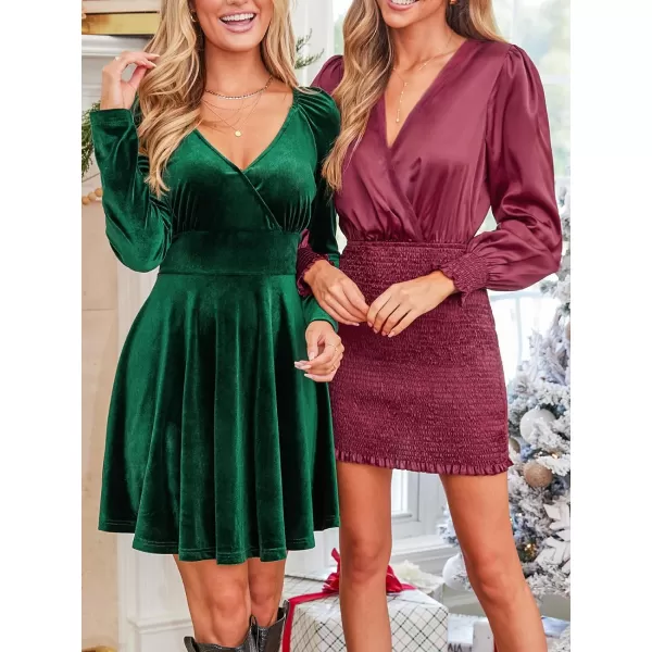 imageCUPSHE Womens Mini Dress Round V Neck Ruffled Long Sleeve Smocked Bodycon Short Casual Party Dress BurgundyBurgundy