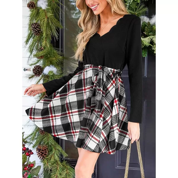 imageCUPSHE Womens Mini Dress Scallop V Neck Plaid Long Sleeve Belted Short A Line Gingham Dress Black PlaidBlack Plaid