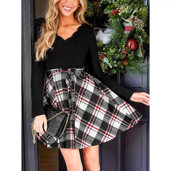imageCUPSHE Womens Mini Dress Scallop V Neck Plaid Long Sleeve Belted Short A Line Gingham Dress Black PlaidBlack Plaid