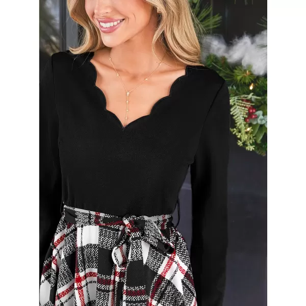 imageCUPSHE Womens Mini Dress Scallop V Neck Plaid Long Sleeve Belted Short A Line Gingham Dress Black PlaidBlack Plaid