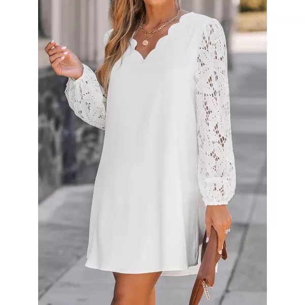 imageCUPSHE Womens Mini Dress Scalloped V Neck Lace Appliques Long Sleeve Loose Fit A Line Casual DressWhite
