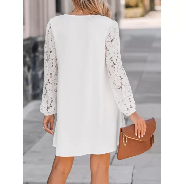 imageCUPSHE Womens Mini Dress Scalloped V Neck Lace Appliques Long Sleeve Loose Fit A Line Casual DressWhite