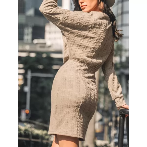 imageCUPSHE Womens Mini Dress Scoop Neck Fitted Long Drop Sleeve Knitted Casual DressesSand
