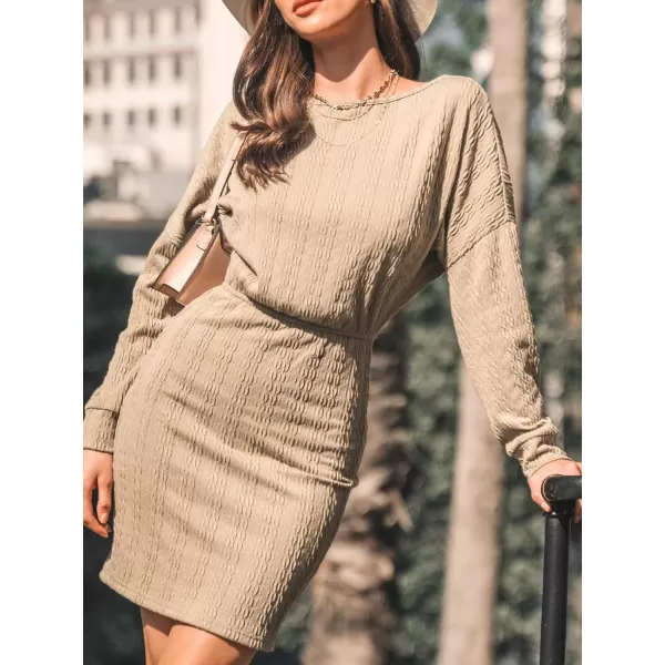 imageCUPSHE Womens Mini Dress Scoop Neck Fitted Long Drop Sleeve Knitted Casual DressesSand