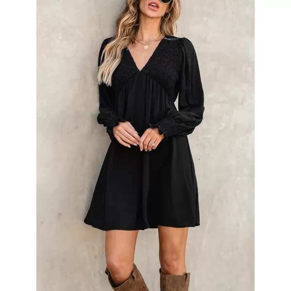 imageCUPSHE Womens Mini Dress Smocked V Neck Long Sleeve Empire Waist Casual A Line DressBlack