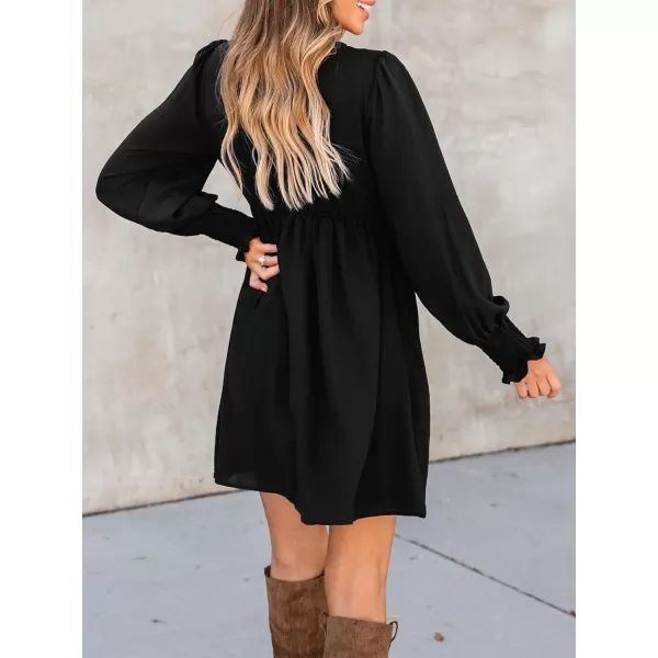 imageCUPSHE Womens Mini Dress Smocked V Neck Long Sleeve Empire Waist Casual A Line DressBlack