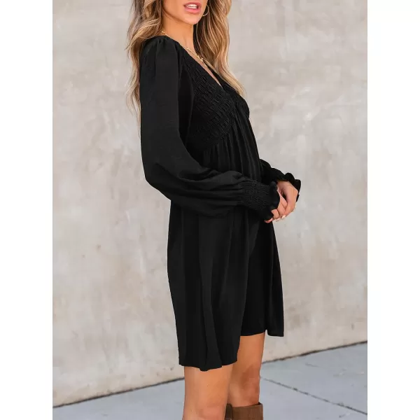 imageCUPSHE Womens Mini Dress Smocked V Neck Long Sleeve Empire Waist Casual A Line DressBlack