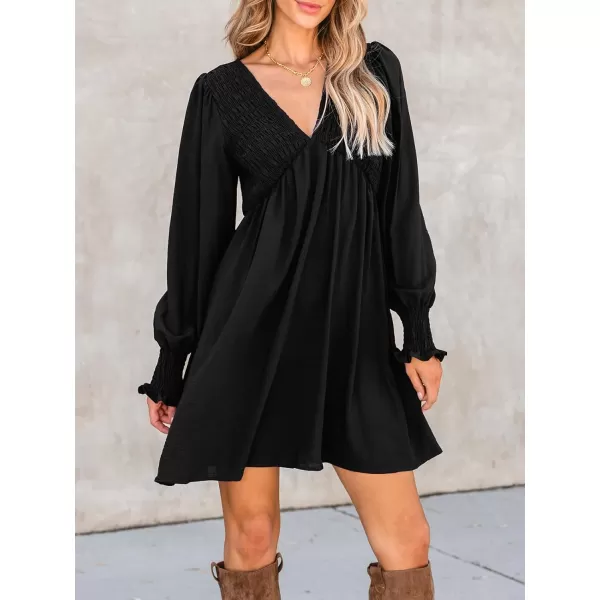 imageCUPSHE Womens Mini Dress Smocked V Neck Long Sleeve Empire Waist Casual A Line DressBlack