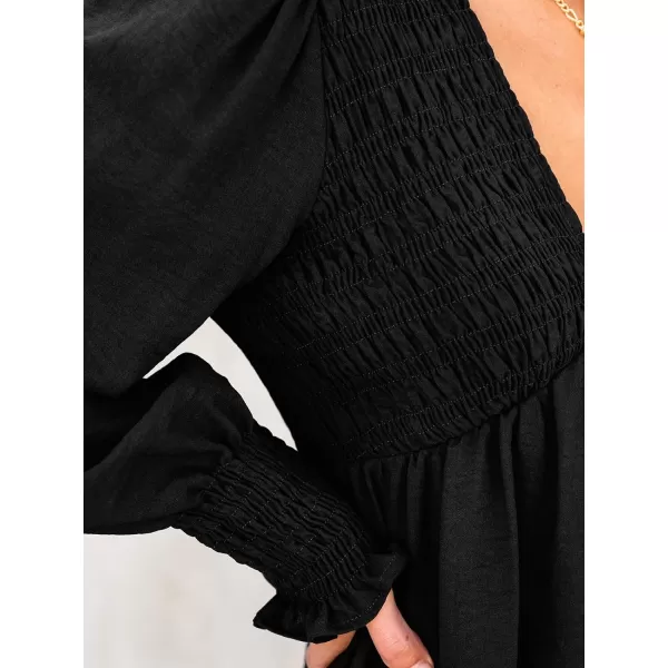 imageCUPSHE Womens Mini Dress Smocked V Neck Long Sleeve Empire Waist Casual A Line DressBlack