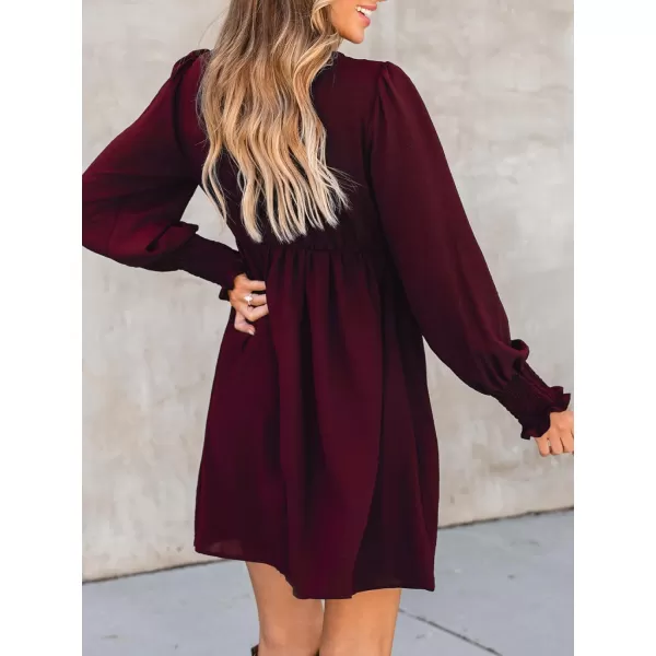 imageCUPSHE Womens Mini Dress Smocked V Neck Long Sleeve Empire Waist Casual A Line DressBurgundy