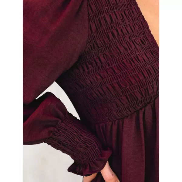 imageCUPSHE Womens Mini Dress Smocked V Neck Long Sleeve Empire Waist Casual A Line DressBurgundy