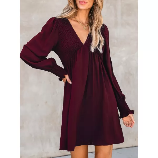 imageCUPSHE Womens Mini Dress Smocked V Neck Long Sleeve Empire Waist Casual A Line DressBurgundy