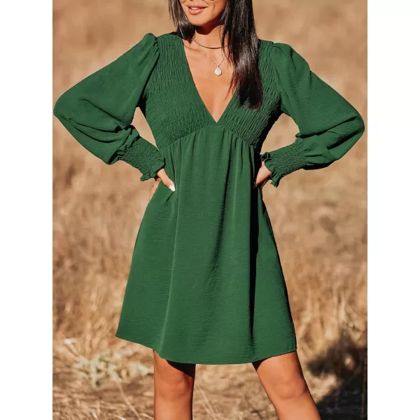imageCUPSHE Womens Mini Dress Smocked V Neck Long Sleeve Empire Waist Casual A Line DressGreen