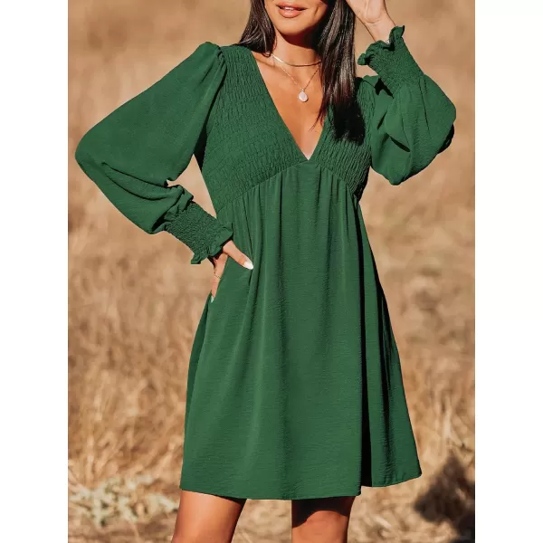 imageCUPSHE Womens Mini Dress Smocked V Neck Long Sleeve Empire Waist Casual A Line DressGreen