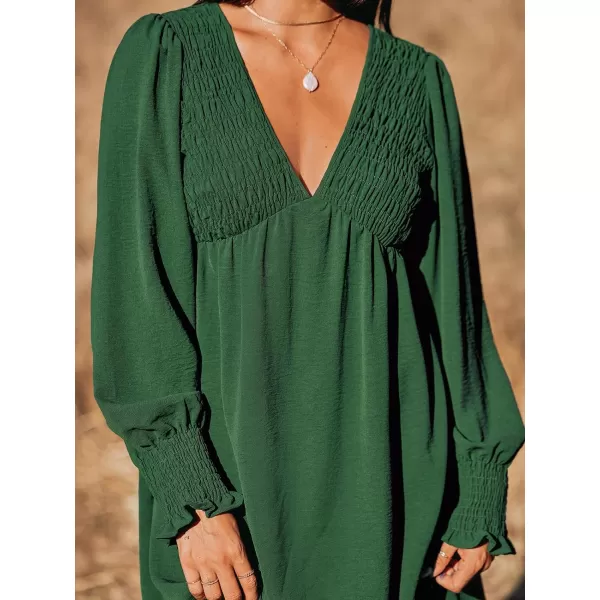 imageCUPSHE Womens Mini Dress Smocked V Neck Long Sleeve Empire Waist Casual A Line DressGreen