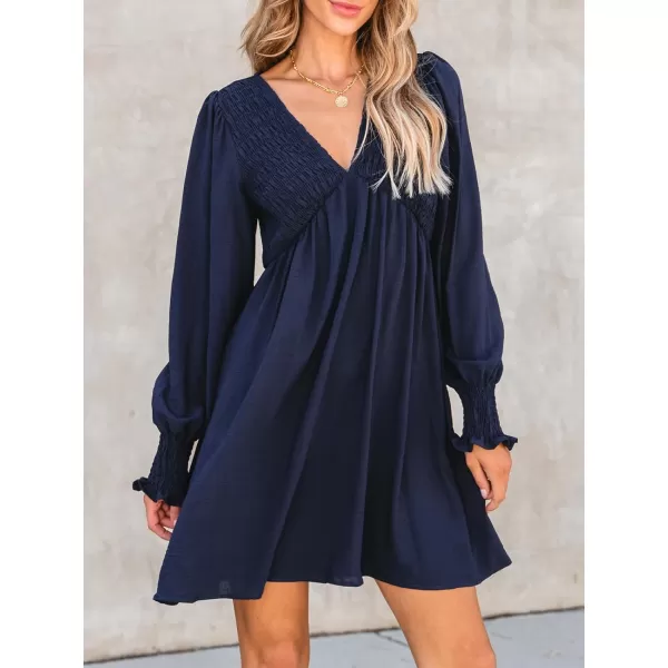 imageCUPSHE Womens Mini Dress Smocked V Neck Long Sleeve Empire Waist Casual A Line DressNavy Blue