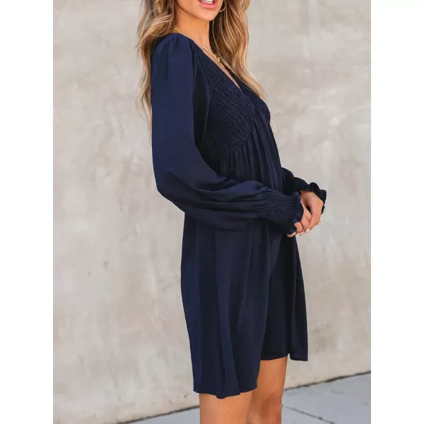 imageCUPSHE Womens Mini Dress Smocked V Neck Long Sleeve Empire Waist Casual A Line DressNavy Blue