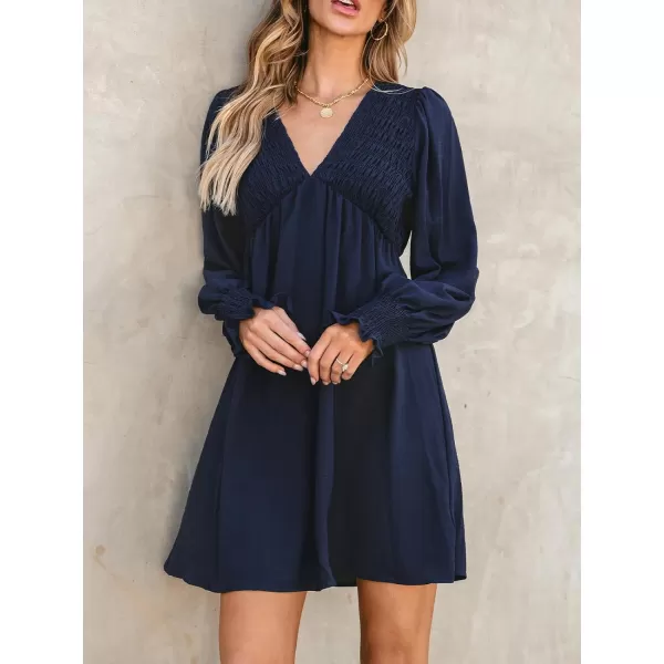 imageCUPSHE Womens Mini Dress Smocked V Neck Long Sleeve Empire Waist Casual A Line DressNavy Blue