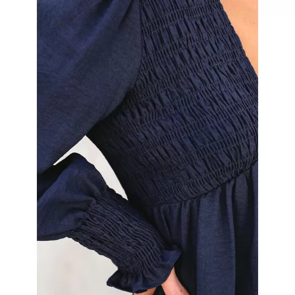 imageCUPSHE Womens Mini Dress Smocked V Neck Long Sleeve Empire Waist Casual A Line DressNavy Blue