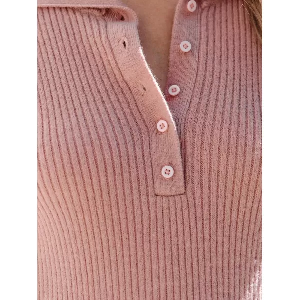 imageCUPSHE Womens Mini Dress Solid Button Neck Long Sleeve Ribbed Knit Bodycon Short Casual DressesPink