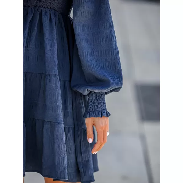 imageCUPSHE Womens Mini Dress Square Neck Smocked Long Sleeve Tiered Ruffled Short Dresses Navy BlueNavy Blue