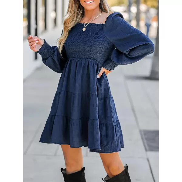 imageCUPSHE Womens Mini Dress Square Neck Smocked Long Sleeve Tiered Ruffled Short Dresses Navy BlueNavy Blue